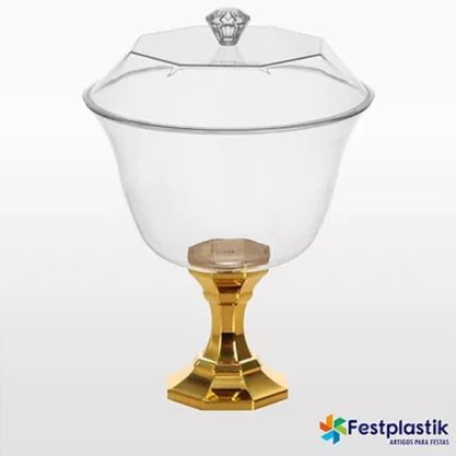 Taça Diamante Cristal com Tampa e Base Dourada 1250ml – Festplastik 