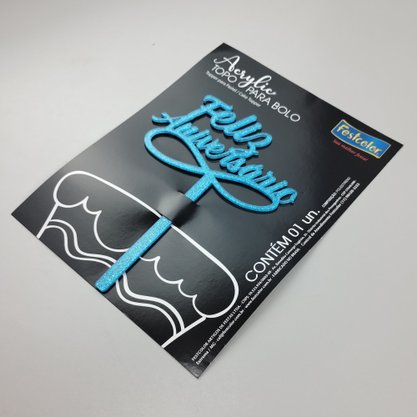 Topo de Bolo Acrílico – Feliz Aniversário Azul Glitter - Festcolor
