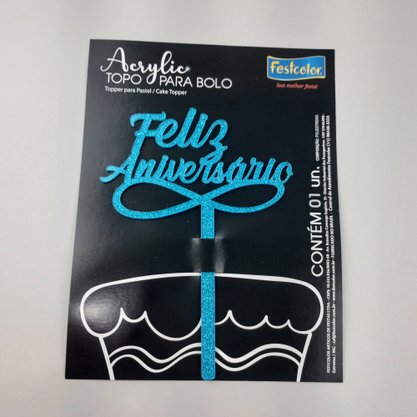 Topo de Bolo Acrílico – Feliz Aniversário Azul Glitter - Festcolor