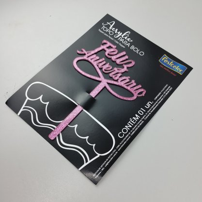 Topo de Bolo Acrílico – Feliz Aniversário Rosa Glitter - Festcolor