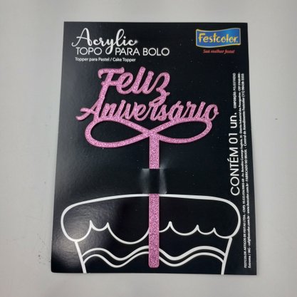 Topo de Bolo Acrílico – Feliz Aniversário Rosa Glitter - Festcolor
