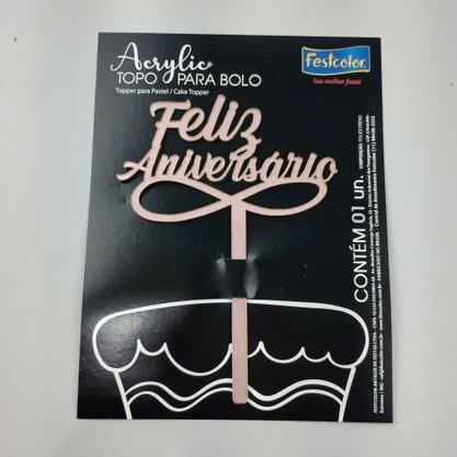 Topo de Bolo Acrílico – Feliz Aniversário Rose Gold - Festcolor