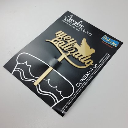 Topo de Bolo Acrílico – Meu Batizado Dourado - Festcolor
