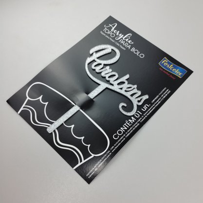 Topo de Bolo Acrílico – Parabéns Prateado Glitter - Festcolor
